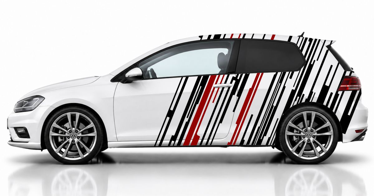 Autoaufkleber Tuning in Schwarz und Dunkelrot auf einem weißen VW Golf 7