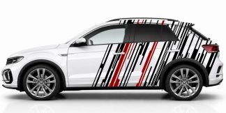 Autoaufkleber Tuning Streifen in Schwarz und Dunkelrot auf einem weißen VW T-Roc