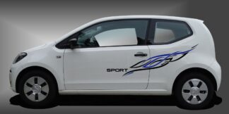 Autodekor Aufkleber in Schwarz und Blau auf weißem VW UP