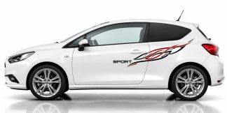 Autodekor Aufkleber in Schwarz und Dunkelrot auf einem weißen Opel Corsa