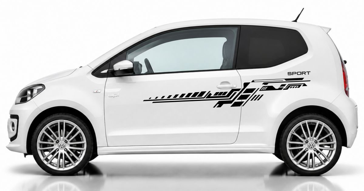 Autodekor in Schwarz auf einem weißen VW UP