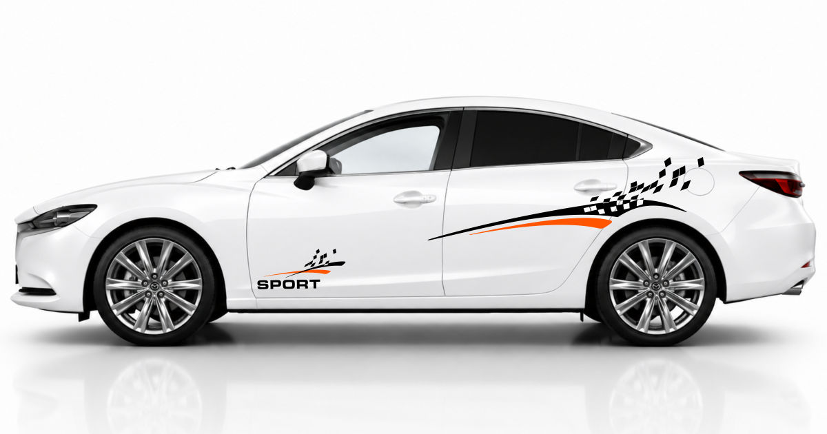 Autodesign in Schwarz und Orange auf einem weißen Mazda 6