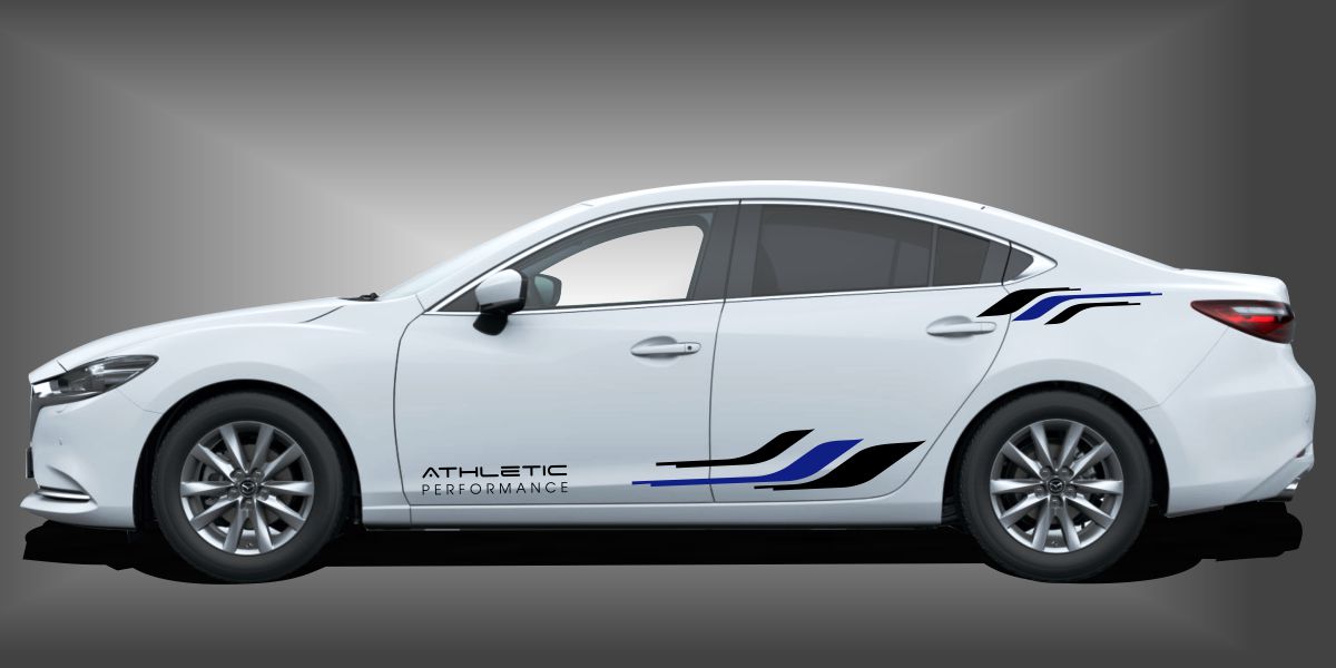 Autosticker in Schwarz und Blau auf weißem Mazda 6