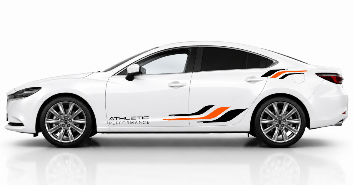 Autosticker in Schwarz und Orange auf einem weißen Mazda 6