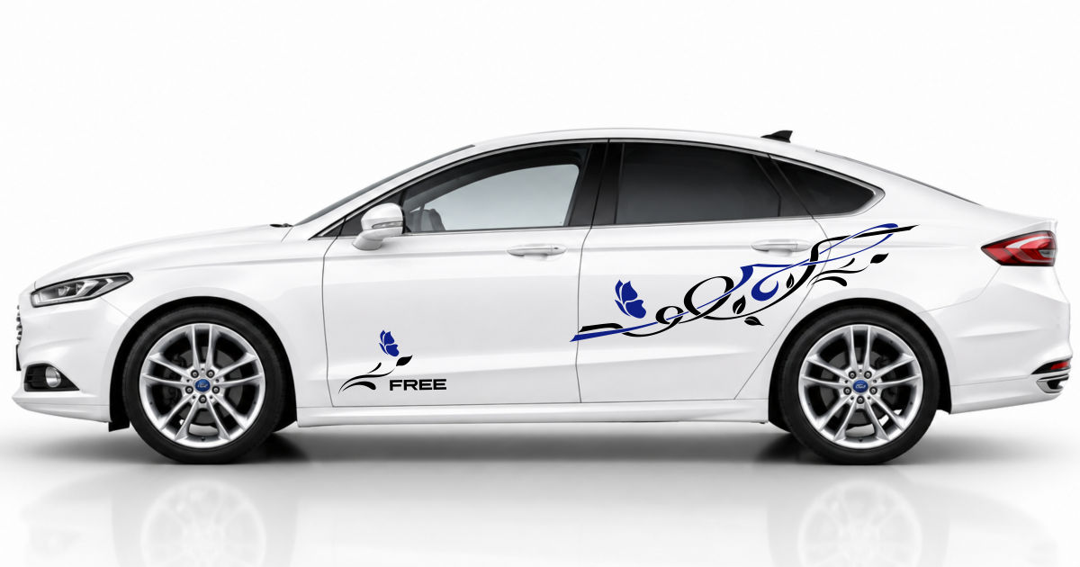 Blumen Aufkleber in Schwarz und Blau auf einem weißen Ford Mondeo