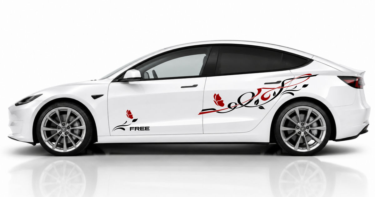 Blumen Aufkleber in Schwarz und Dunkelrot auf einem weißen Tesla Model 3