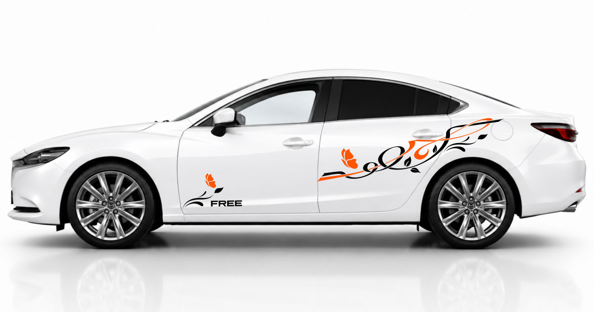 Blumen Aufkleber in Schwarz und Orange auf einem weißen Mazda 6