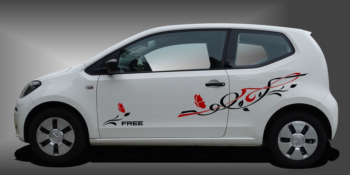 Blumen Autoaufkleber in Schwarz und Dunkelrot auf weißem VW UP