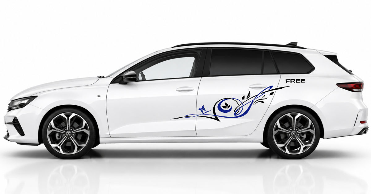 Blumenfolie Auto in Schwarz und Blau auf einem weißen Opel Astra SportsTourer