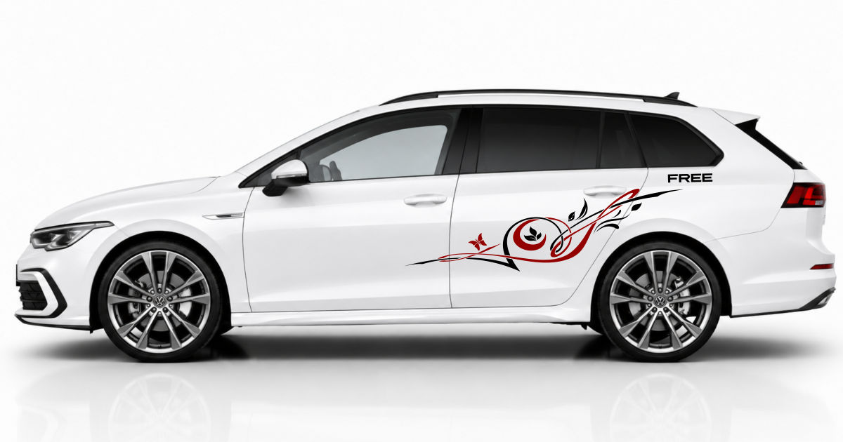 Blumenfolie Auto in Schwarz und Dunkelrot auf einem weißen Golf 8 Variant