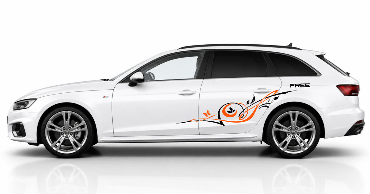 Blumenfolie Auto in Schwarz und Orange auf einem weißen Audi A4 Avant
