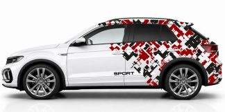 Camouflage Seitenstreifen in Schwarz und Dunkelrot auf einem weißen VW T-Roc