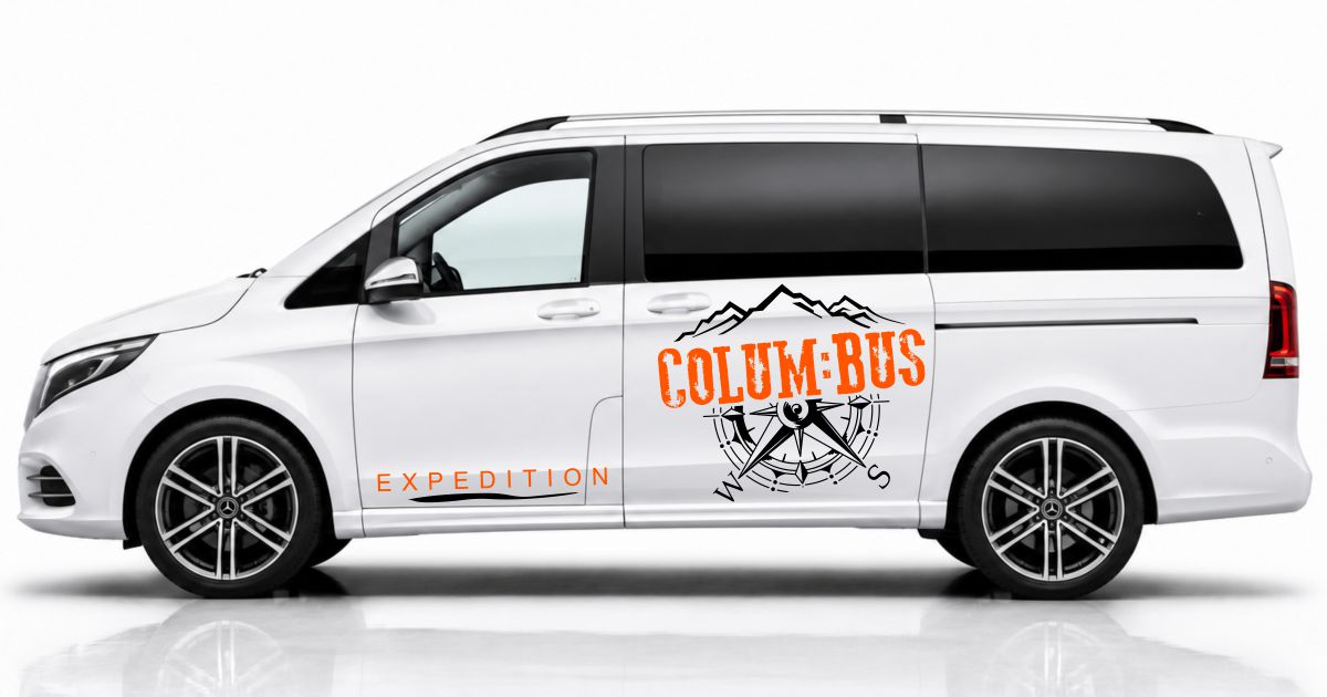 Camper Bus Sticker in Schwarz und Orange auf einem weißen Mercedes V-Klasse
