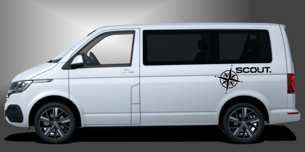 Camper Sticker Kompass in Schwarz auf weißem VW T6