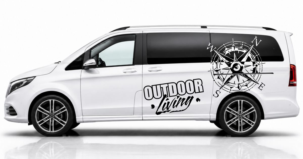 Camper Van Tuning in Schwarz und Weiss auf einem weißen Mercedes V-Klasse