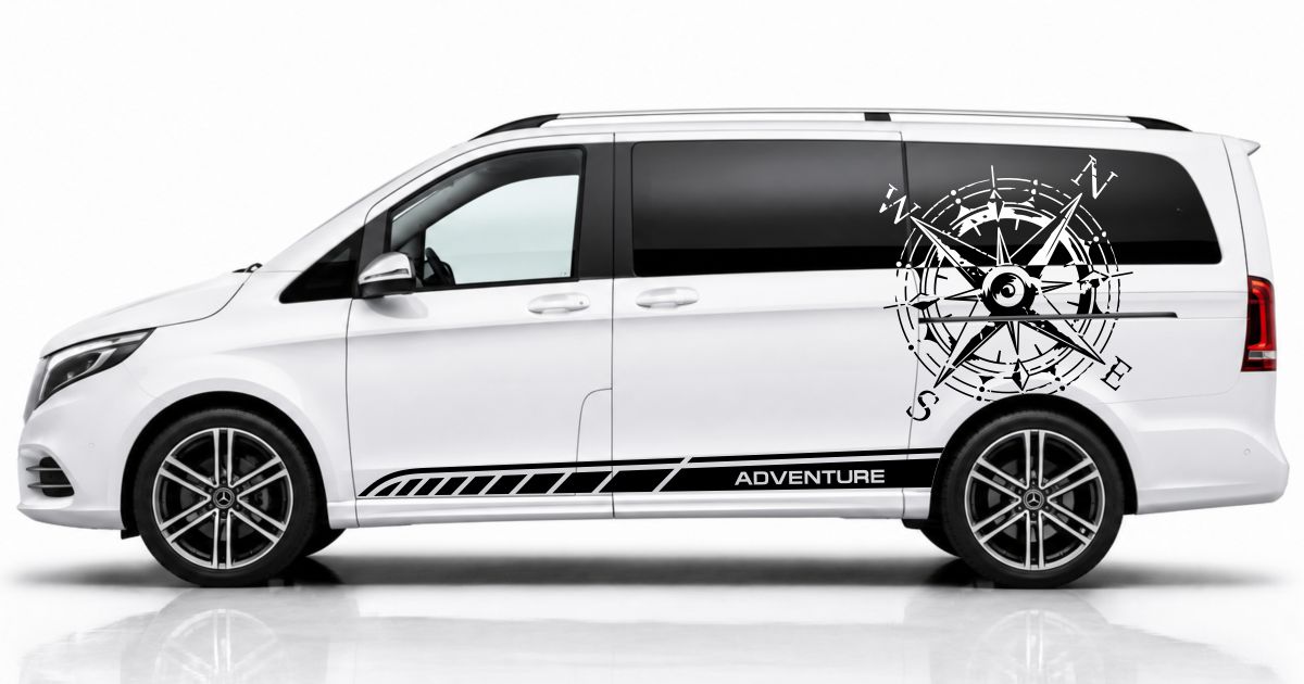 Campervan Aufkleber in Schwarz und Weiss auf einem weißen Mercedes V-Klasse