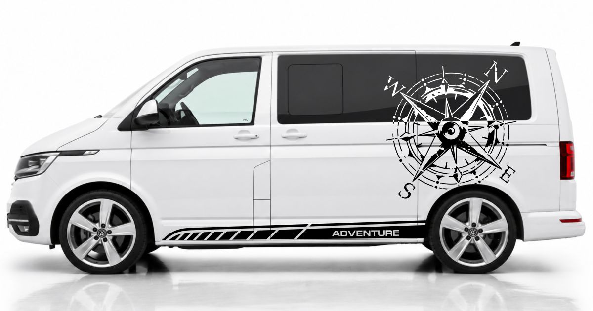Campervan Aufkleber in Schwarz und Weiss auf einem weißen VW T6