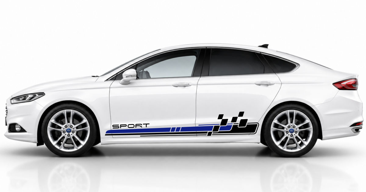 Car Sticker Autostickers in Schwarz und Blau auf einem weißen Ford Mondeo