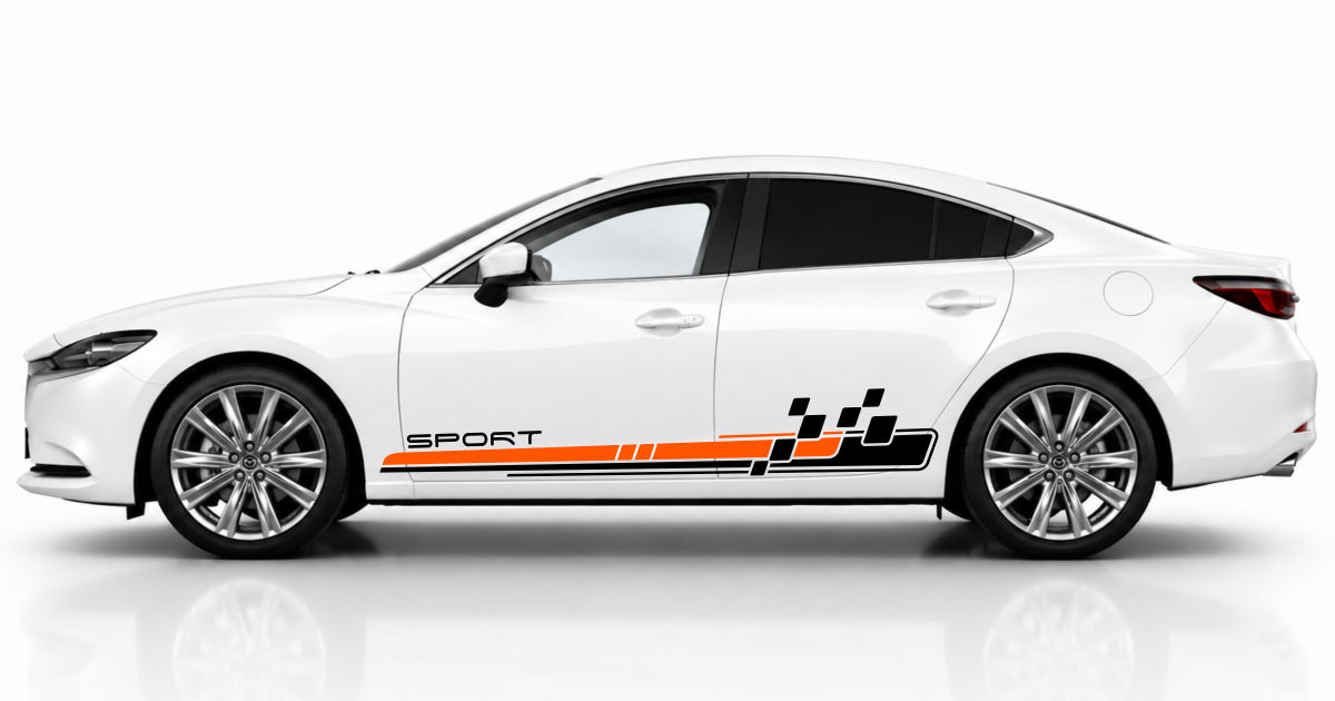 Car Sticker Autostickers in Schwarz und Orange auf einem weißen Mazda 6
