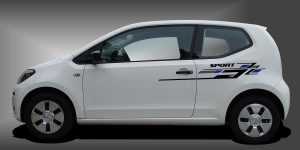 Car Sticker Foliendesign in Schwarz und Blau auf weißem VW UP