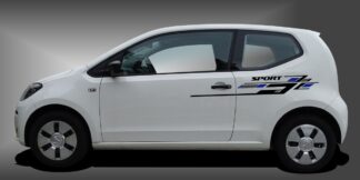 Car Sticker Foliendesign in Schwarz und Blau auf weißem VW UP