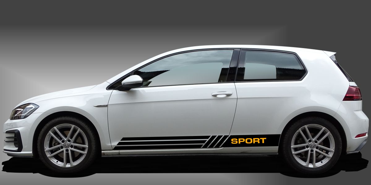 Car Sticker Seitenstreifen in Schwarz und Dunkelgelb auf weißem VW Golf 7