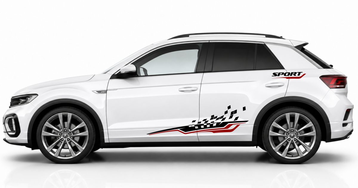 Car Stickers Car Design in Schwarz und Dunkelrot auf einem weißen VW T-Roc