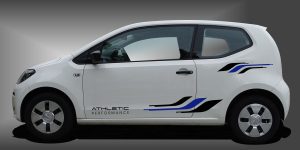 Car Stickers in Schwarz und Blau auf weißem VW UP