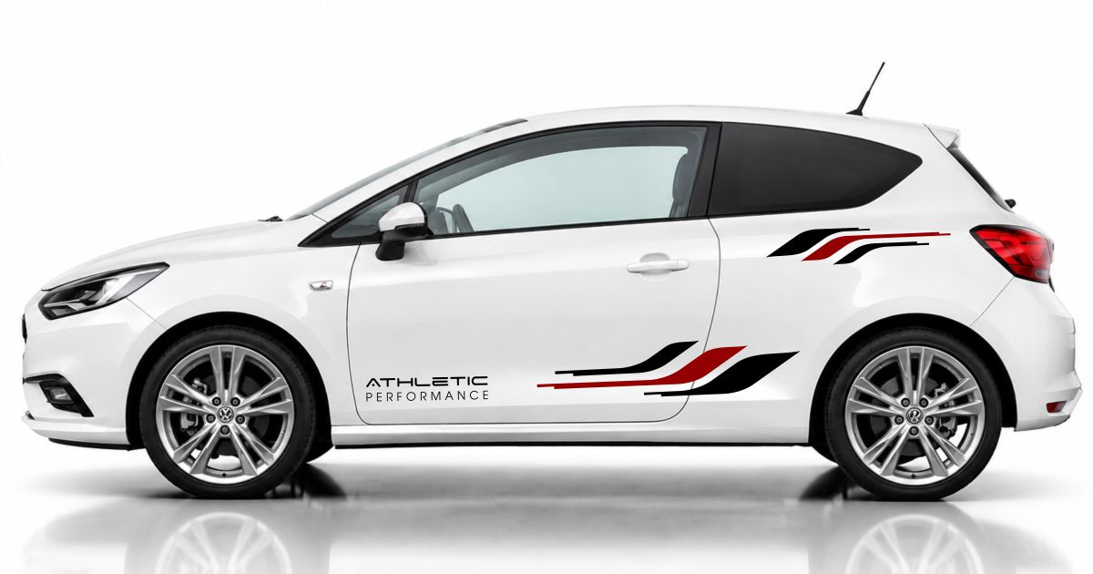 Car Stickers in Schwarz und Dunkelrot auf einem weißen Opel Corsa