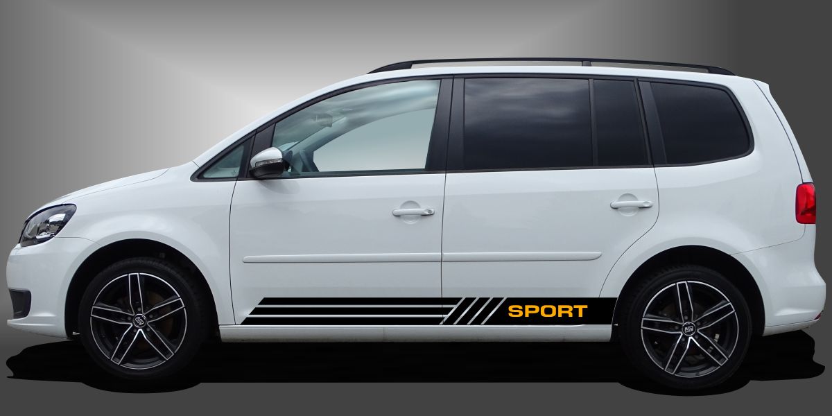 Car Stickers Tattoo in Schwarz und Dunkelgelb auf weißem VW Touran