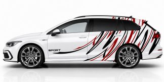 Car Stripes in Schwarz und Dunkelrot auf einem weißen Golf 8 Variant