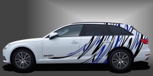 Car Stripes als sportliche und außergewöhnliche Dekorfolie in Schwarz und Blau auf weißem Audi A4 Avant