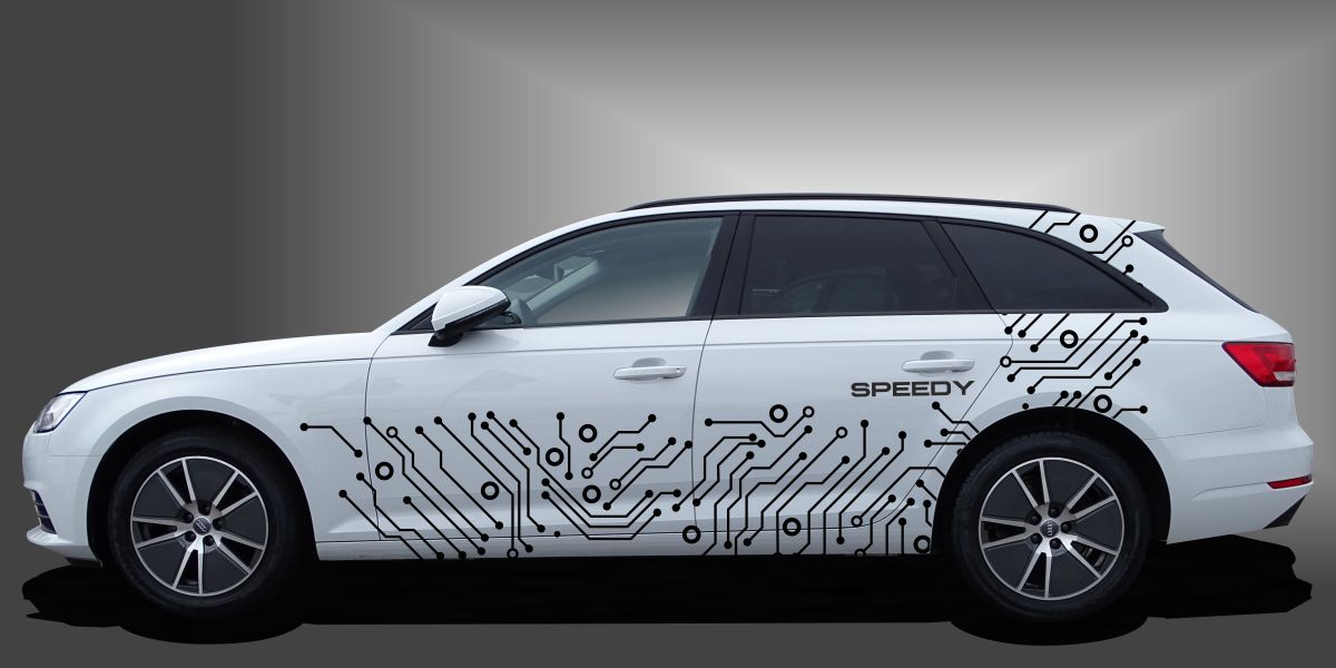 Car Tuning Sticker als sportlicher und kreativer Zierstreifen in Schwarz auf weißem Audi A4 Avant