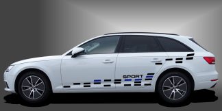Cardesign als sportlicher und ausgefallener Rallye-Streifen in Schwarz und Blau auf weißem Audi A4 Avant