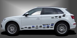 Carsticker als sportlicher und ausgefallener Autoaufkleber in Schwarz und Blau auf weißem Audi Q5