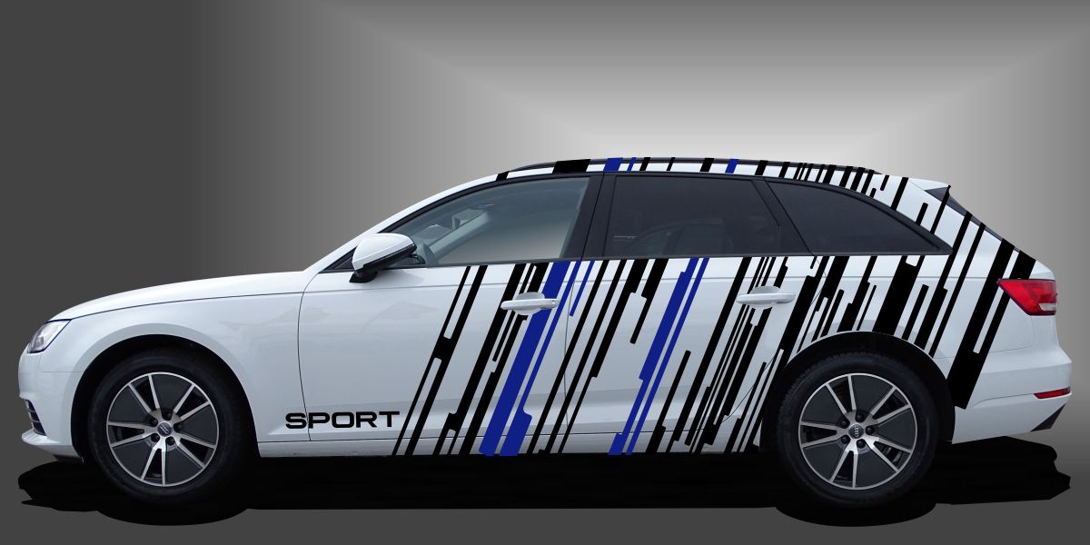 coole Aufkleber in Schwarz und Blau auf weißem Audi A4 Avant