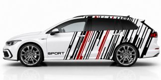 coole Aufkleber in Schwarz und Dunkelrot auf einem weißen Golf 8 Variant