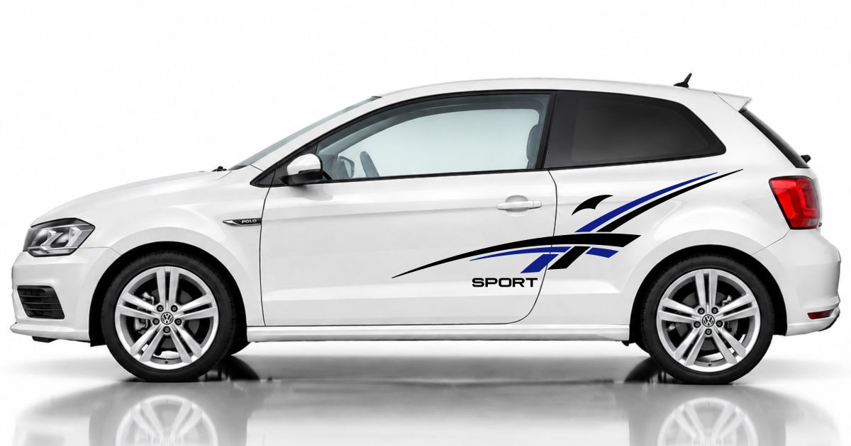 coole Deko Auto in Schwarz und Blau auf einem weißen VW Polo