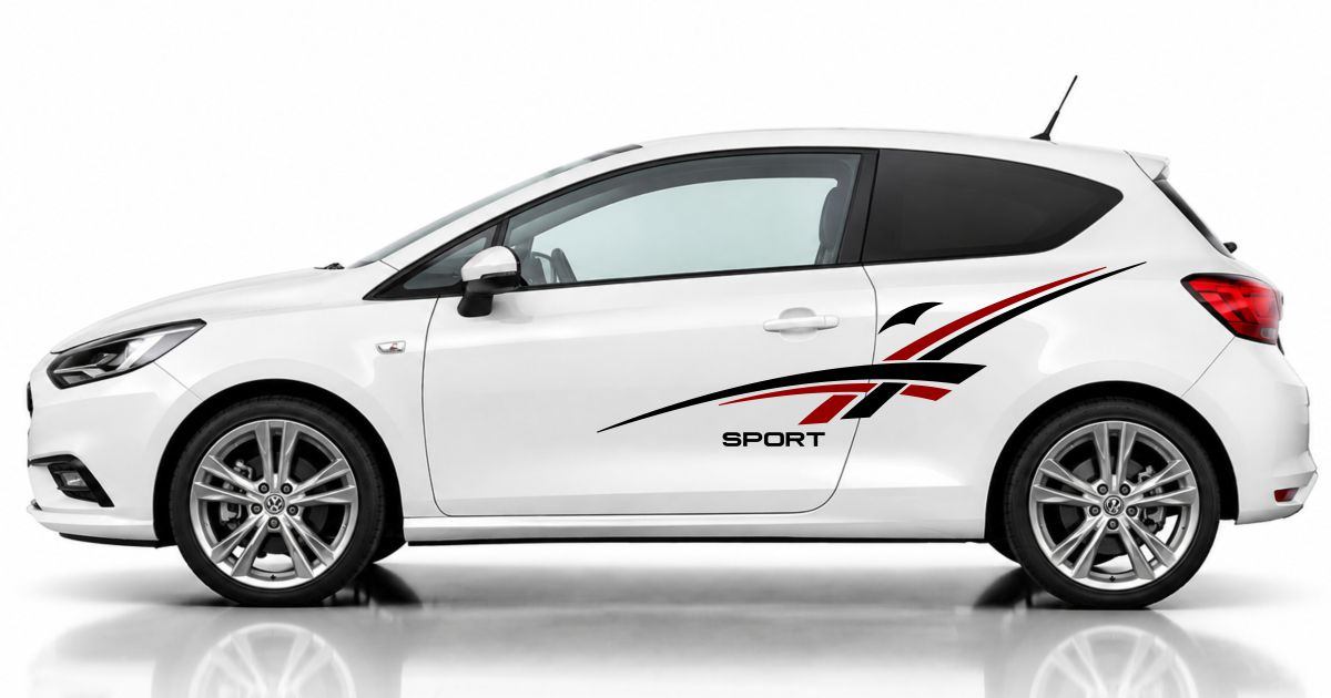 coole Deko Auto in Schwarz und Dunkelrot auf einem weißen Opel Corsa