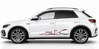 coole Zierstreifen in Schwarz und Dunkelrot auf einem weißen VW T-Roc