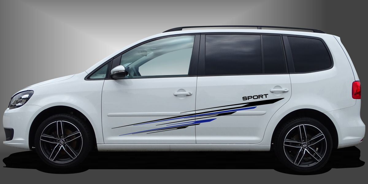 Decal Auto in Schwarz und Blau auf weißem VW Touran