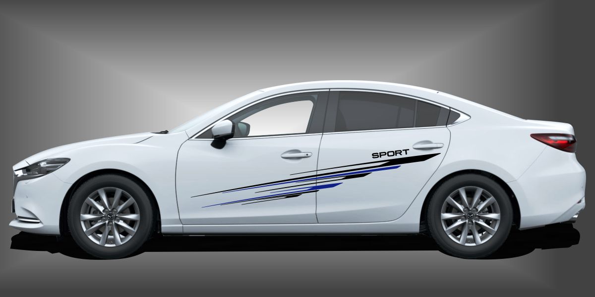 Decal Car in Schwarz und Blau auf weißem Mazda 6