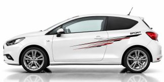 Decals Auto Tuning in Schwarz und Dunkelrot auf einem weißen Opel Corsa