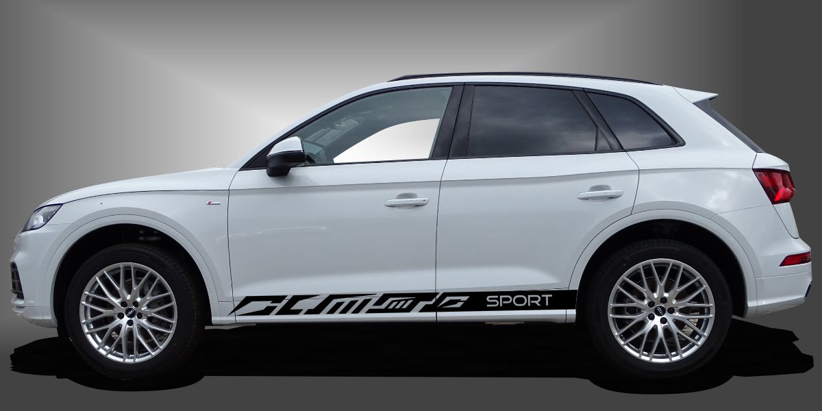 Deko Auto Streifen als sportlicher und cooler Rallye-Streifen in Schwarz auf weißem Audi Q5