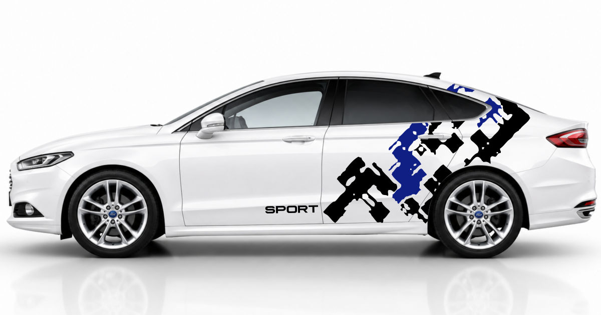 Dekor Set Auto in Schwarz und Blau auf einem weißen Ford Mondeo