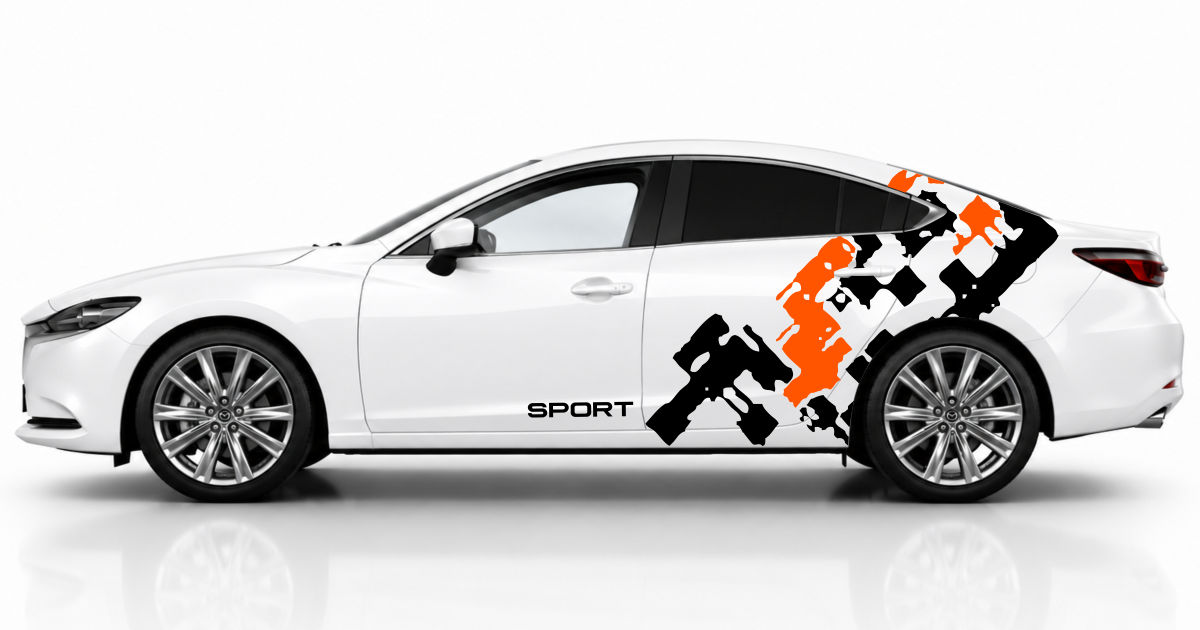Dekor Set Auto in Schwarz und Orange auf einem weißen Mazda 6