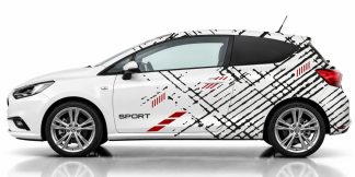 Dekor Streifen in Schwarz und Dunkelrot auf einem weißen Opel Corsa