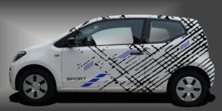 Dekor Streifen als sportlicher und imposanter Tuning-Aufkleber in Schwarz und Blau auf weißem VW UP