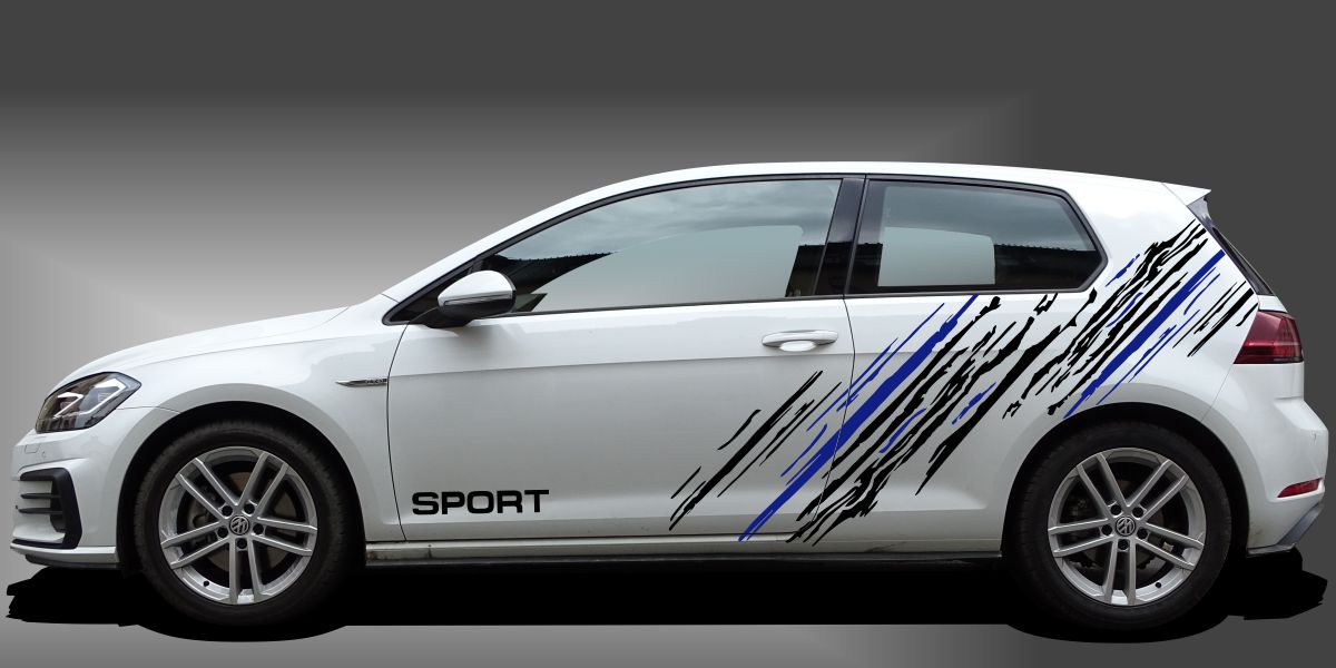 Dekorfolie in Schwarz und Blau auf weißem VW Golf 7