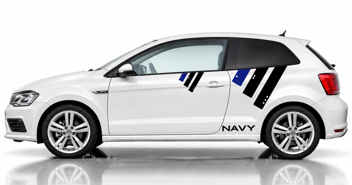 Design Folie in Schwarz und Blau auf einem weißen VW Polo